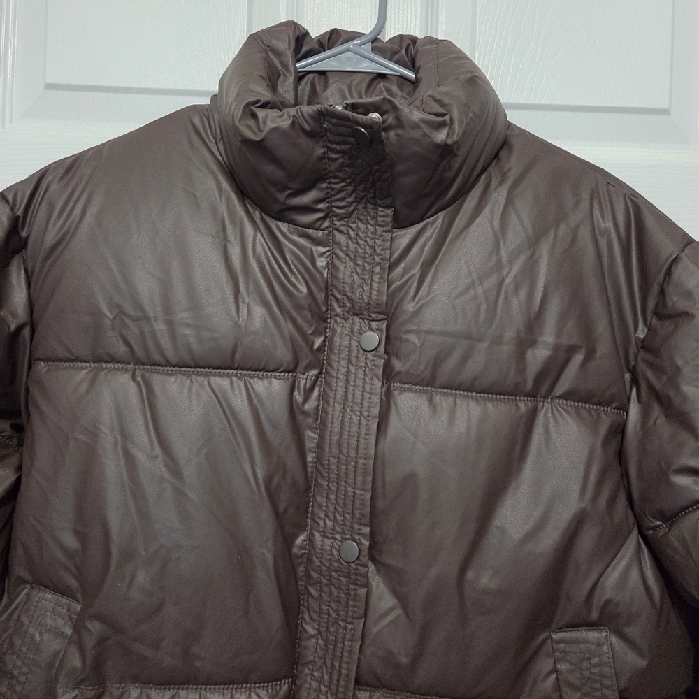 Express Women Brown Vegan Leather Cropped Puffer Jacket Size XL - Picture 5 of 15